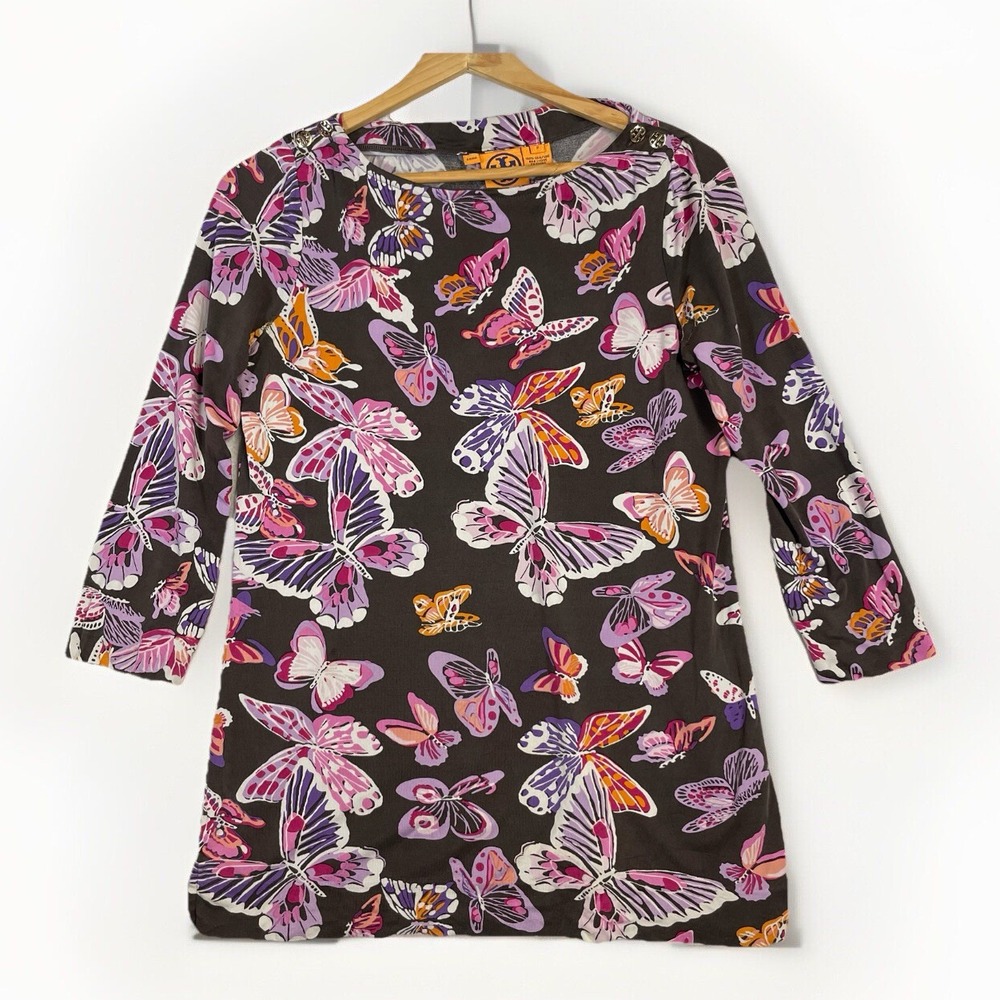 Tory Burch 100% Silk Small Tunic Top All Over Butterflies 3/4 Sleeve Button Logo